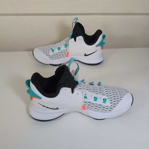 Nike LeBron Witness 5 sneakers white, clear jade, and total orange color